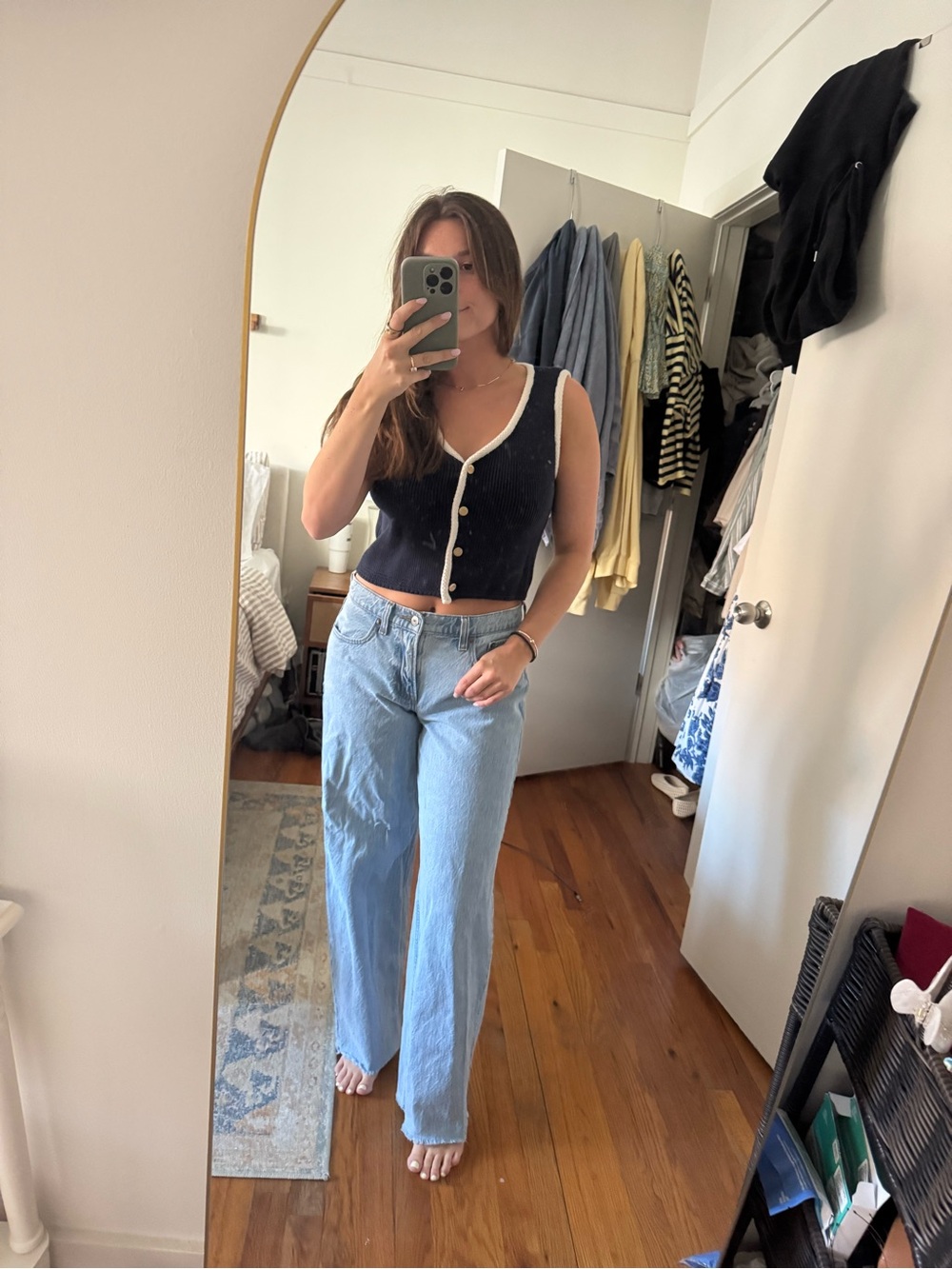 Navy Button-Up Ribbed Crop Top with White Trim